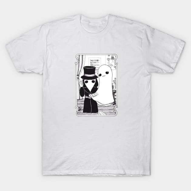 Plague Doctor helping a Ghost T-Shirt by Marcies Art Place